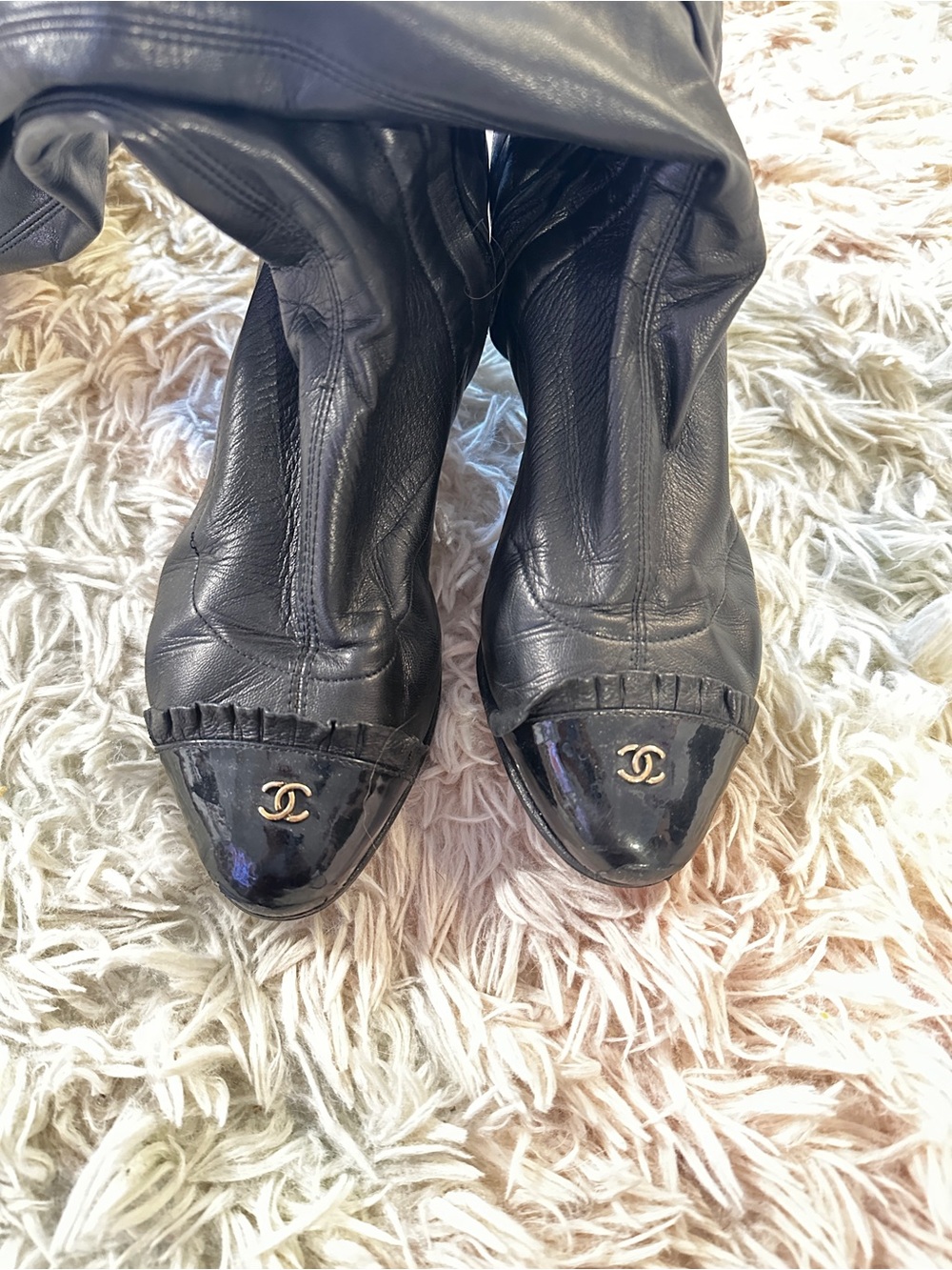 Chanel Knee High Cap Toe Ruffle CC Boots Size 36.5 - Picture 5 of 13
